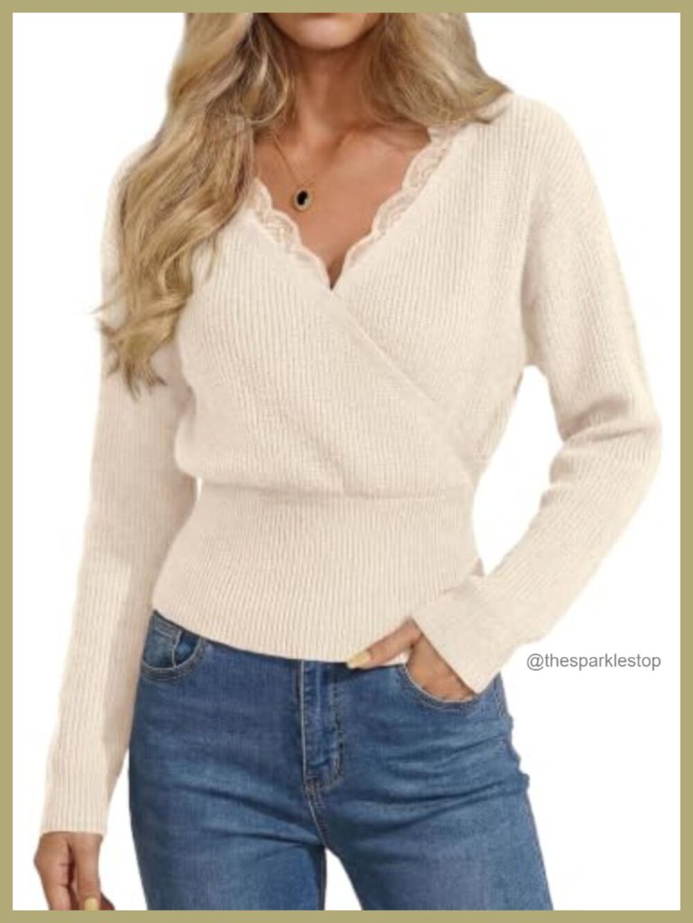 Lace Trim V Neck Wrap Sweater Cropped Long Sleeve Pullover